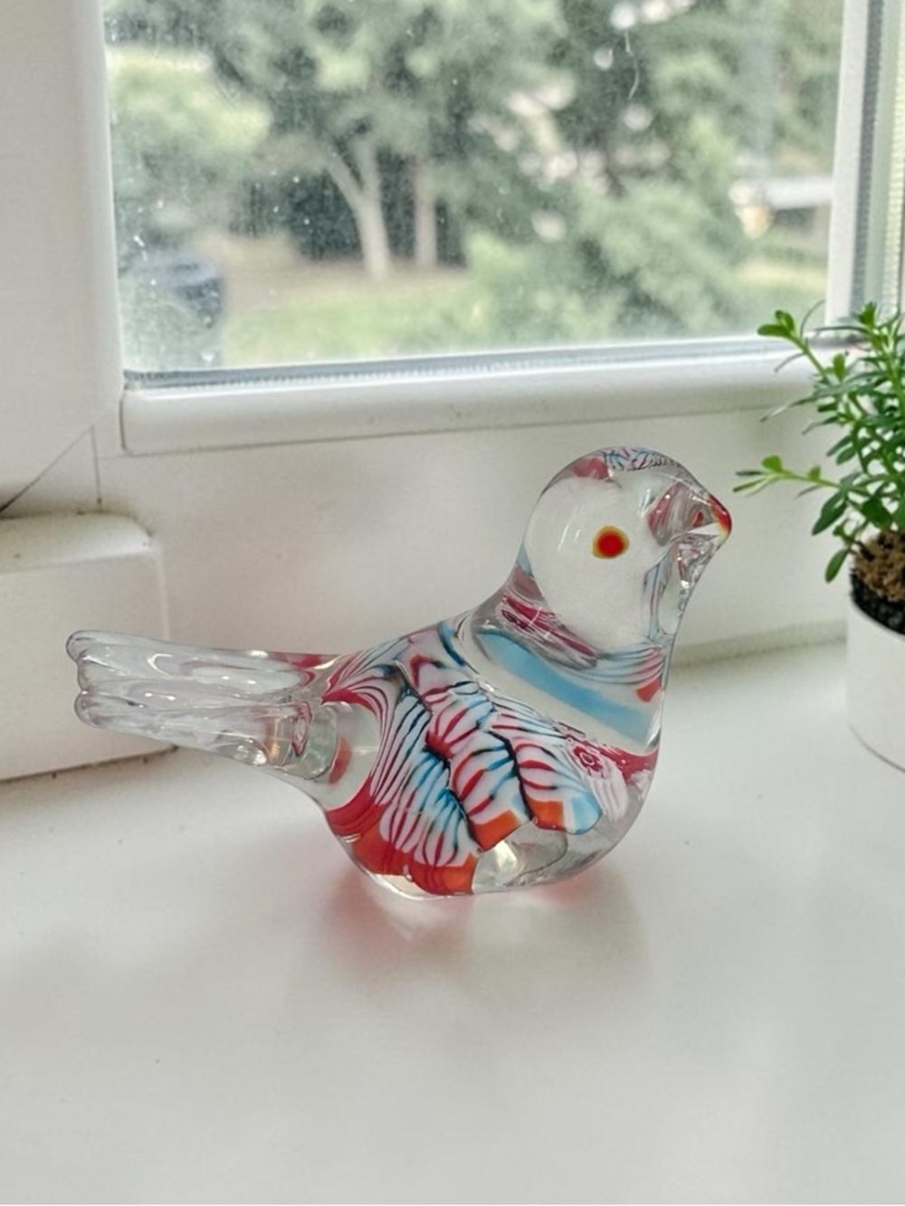 Vintage Multicolor Glass Bird Figurine (red, blue, white)